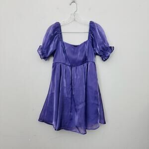 Thirsty Thirty Purple Sheer Shimmer Puffy Sleeve Dress Women’s Size L